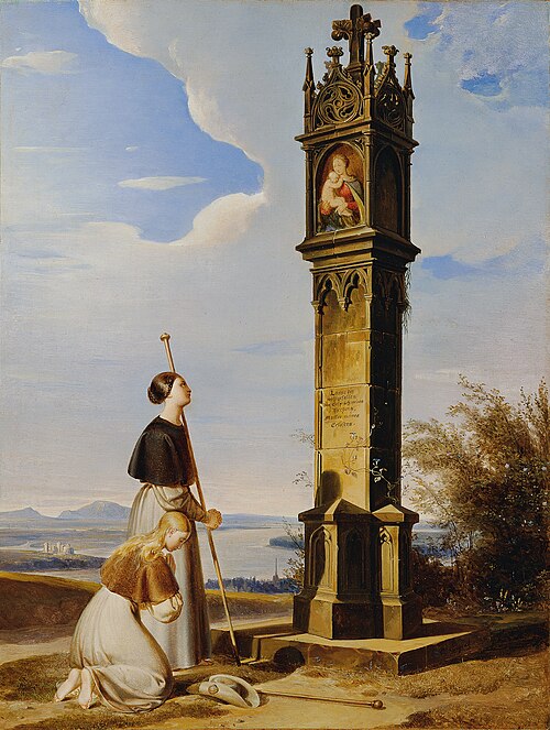 Zwei Pilgerinnen vor einem Bildstock ("Ave Maria"), 1829, Erasmus Engert