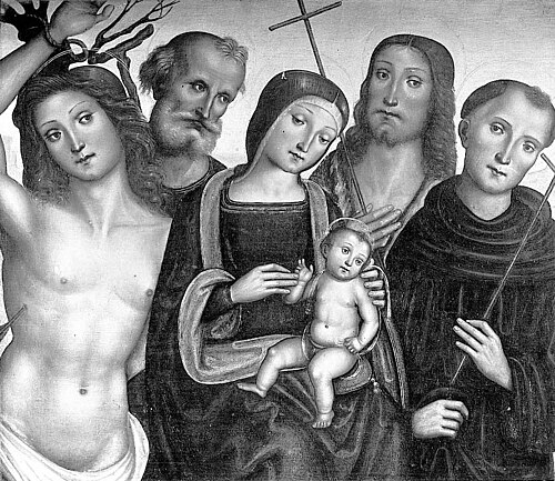 Mary with the child and Saints Sebastian, Antonius Eremita, Antonius of Padua and John the Baptist, 1525, Ercole Banci
