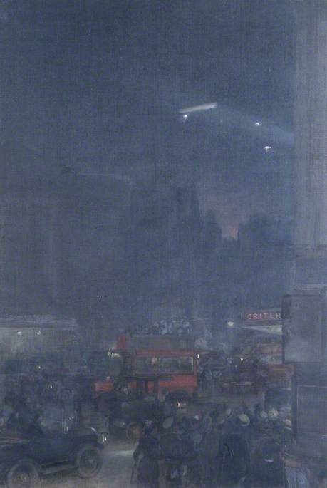 The First Zeppelin Seen from Piccadilly Circus, 8 September 1915, 1915, Andrew Carrick Gow