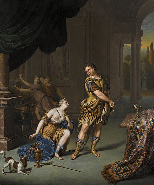 Circe begging Ulysses for mercy after he has resisted her drugged cup, 1740, Willem van Mieris