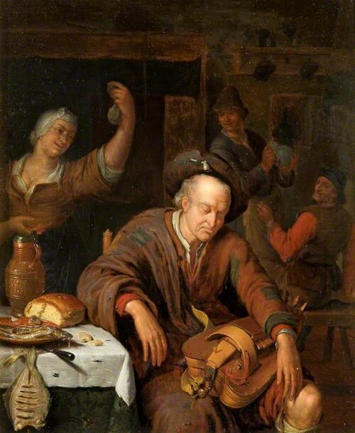 Hurdy-Gurdy Player Asleep in a Tavern, 1690, Willem van Mieris