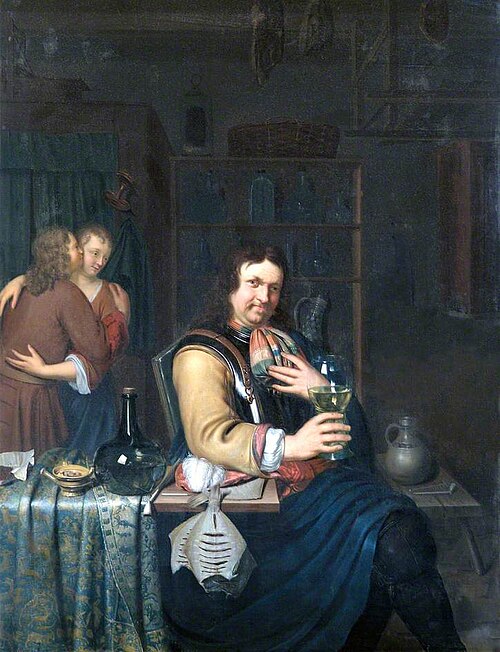 Interior with a Cavalier Drinking and a Couple Embracing, 1700, Willem van Mieris