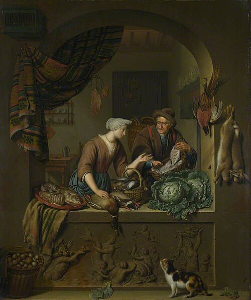 A Woman and a Fish-pedlar in a Kitchen, 1713, Willem van Mieris