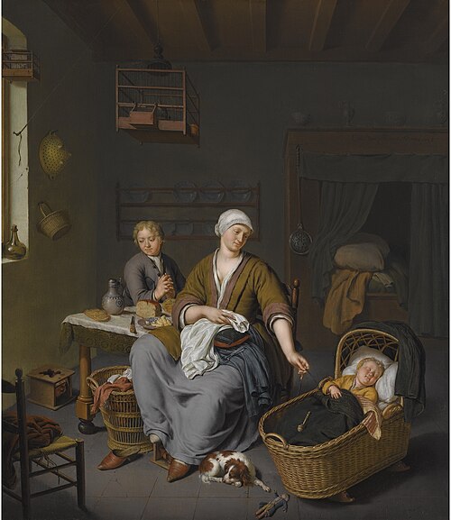 A young mother with two children in an interior, 1728, Willem van Mieris