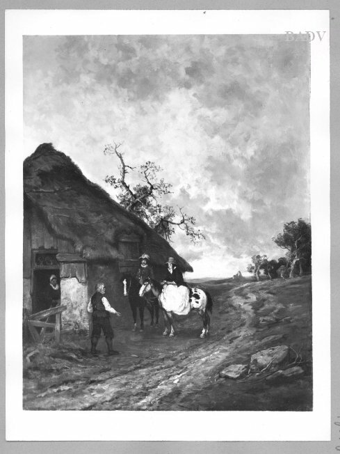 Herr und Dame zu Pferd vor einem Bauernhaus, 1875, Heinrich Breling