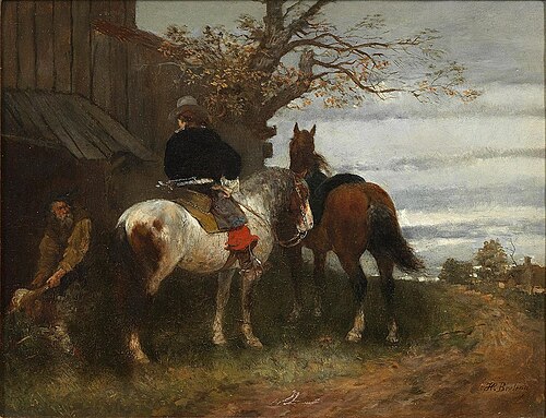 Vornehmer Herr zu Pferde auf einem Schimmel vor einem Gehöft rastend, , Heinrich Breling