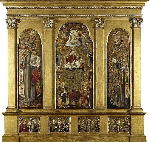 Virgin and Child Enthroned: Saint Bonaventura (left); Saint Louis of Toulouse (right) Saint Agatha a, 1489, Vittorio Crivelli