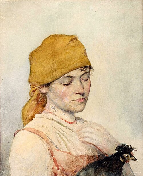 Femme avec une poule., 1885, Julian Fałat