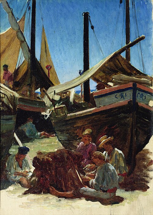 Porto d'Anzio, pêcheurs étendant leurs filets sur la plage, , Ernest Hébert