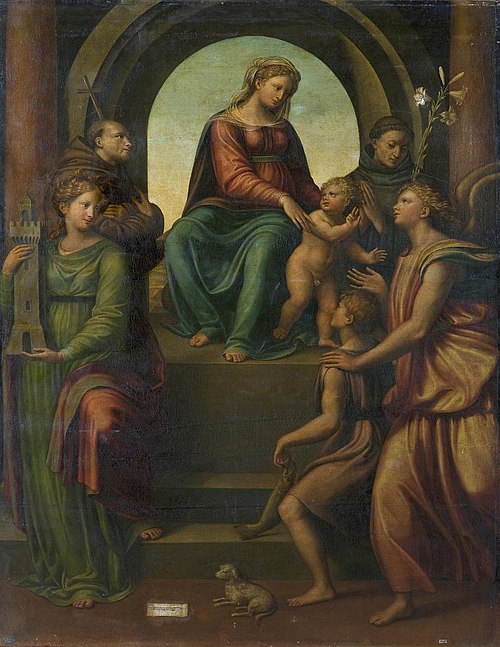 Madonna and Child, with Sts Barbara, Francis, Dominic, Archangel Raphael and Tobias, 1550, Innocenzo da Imola