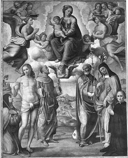 Maria mit Kind und den hll. Katharina von Siena, Sebastian, Franziskus, Petronius, Klara und Stifter, 1517, Innocenzo da Imola