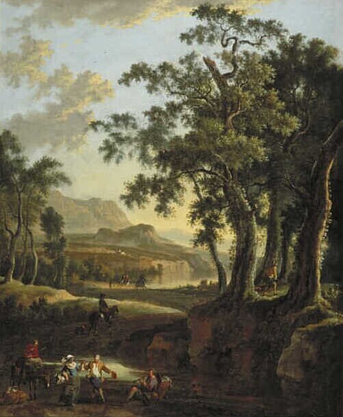 Italianate Landscape by Evening with Dancing Couple, 1658, Jan Hackaert