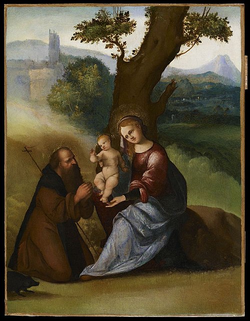 Vierge à l'Enfant et saint Antoine abbé dans un paysage, 1525, Ludovico Mazzolino