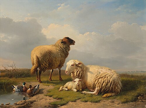 Sheep, Lamb and Ducks by a pond, , Eugène Verboeckhoven