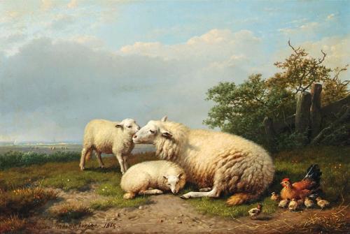 Sheep, Hen and Chicks in a Landscape, 1865, Eugène Verboeckhoven