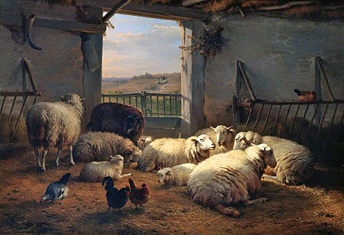 Sheep and Hens in a Barn, 1874, Eugène Verboeckhoven