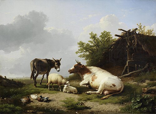 Farm animals by a field shelter, , Eugène Verboeckhoven