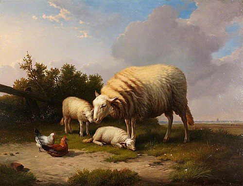 A Sheep, two Lambs, Cock and Hen in a Landscape, 1876, Eugène Verboeckhoven