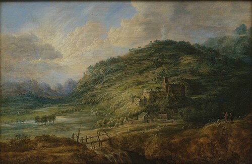 Heuvellandschap met waterval, vee en kasteel, 1635, Lucas van Uden