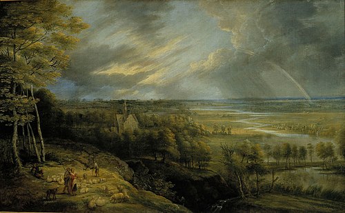 Landscape with rainbow, shepherds and sheep, 1648, Lucas van Uden