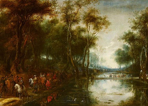 A Procession of Cavalry passing through a Wood beside Fishponds, 1651, Lucas van Uden