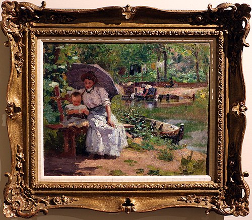 Woman with child sitting in a wood, , Federico Zandomeneghi