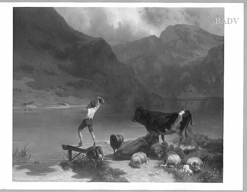 "Hol über ", Hirtenknabe am Seeufer mit Vieh, 1863, Ernst Adolph Meissner