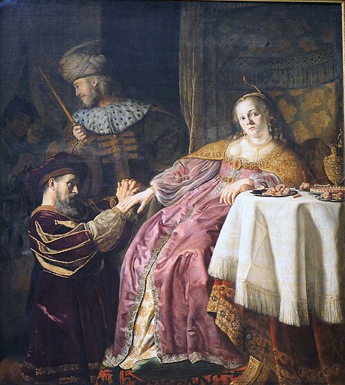 Haman begging Queen Esther for his life, while King Ahasuerus orders his execution  (Esther 7:7), 1642, Jan Victors