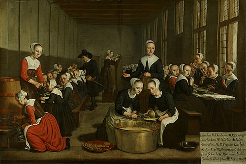 Feeding the orphan girls of the Amsterdam Dutch Reformed community: Feeding the hungry, one of the s, 1659, Jan Victors