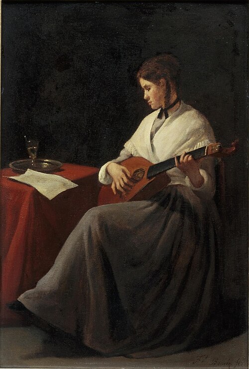 Luitspelende vrouw, 1853, François Bonvin