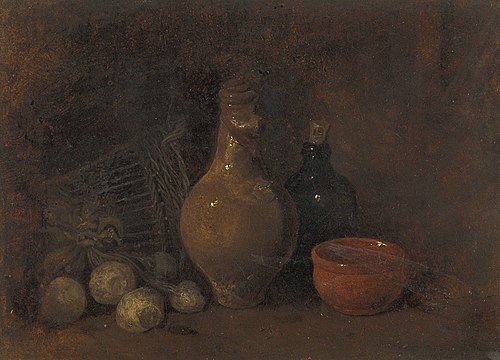 Stilleven met vier vruchten, glas en aardewerk, 1857, François Bonvin