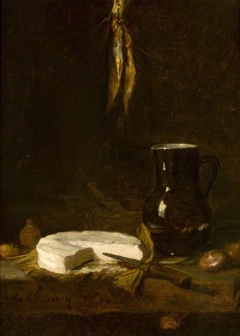 Still Life with a Jug, Cheese, Onions, Fish and a Knife, 1854, François Bonvin