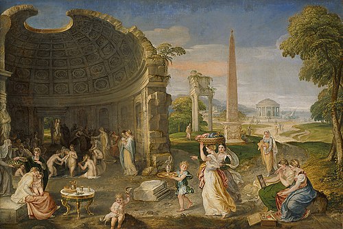 Landscape with classical ruins and women bathing, 1552, Lambert Sustris