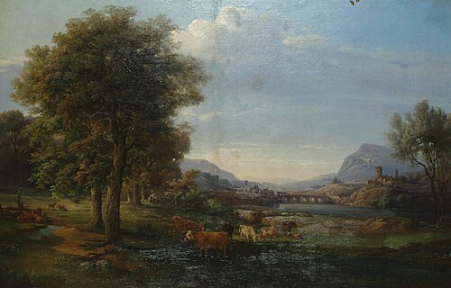 Extensive landscape with cattle in the foreground, a village beyond, , Erwin Oehme