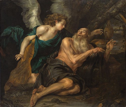 The prophet  Elijah awakened by the angel on Mount Horeb (I Kings 19:5-6), 1647, Thomas Willeboirts Bosschaert