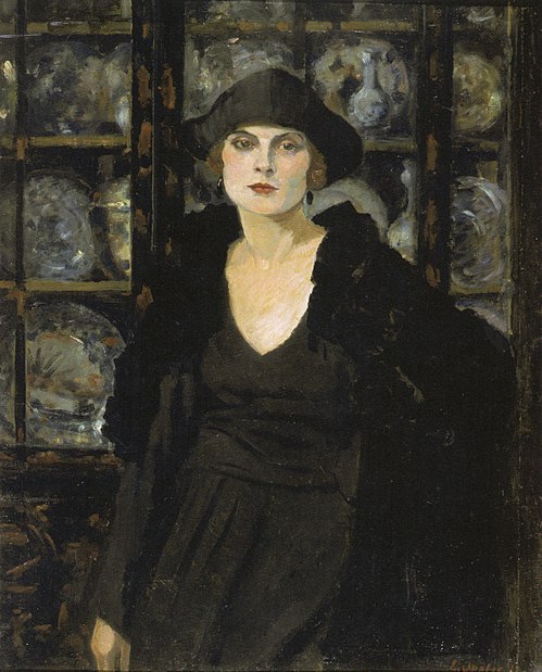 Dame in Schwarz vor einer Vitrine, 1922, Ernst Oppler