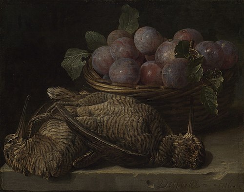 Stilleben mit Pflaumen und zwei Schnepfen auf einem Steintisch, 1716, Alexandre-François Desportes