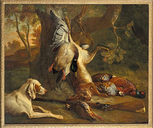 Spaniel in front of a hunting trophy, 1710, Alexandre-François Desportes