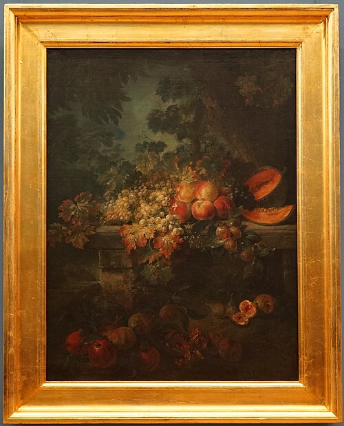 Fleurs, fruits et raisins sur un banc de pierre dans un paysage, 1707, Alexandre-François Desportes