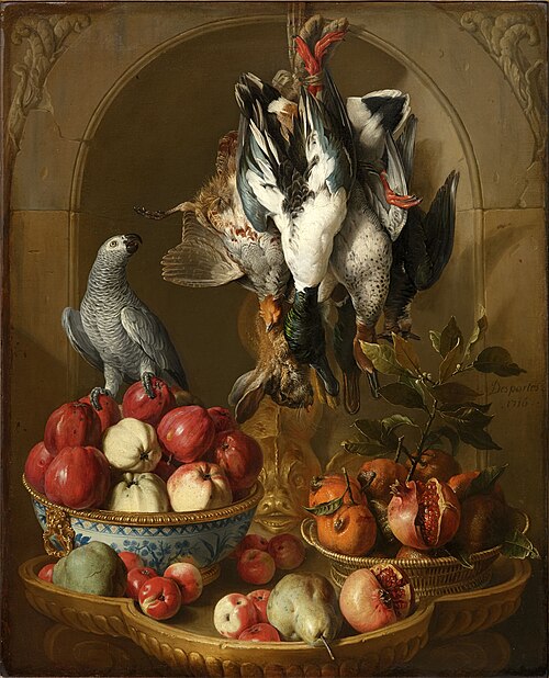 Nature morte au trophée de gibier, fruits et perroquet sur fond de niche, 1716, Alexandre-François Desportes