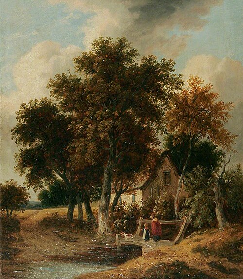 Footbridge over a Stream, with a Woman, Child and Dog, , James Stark