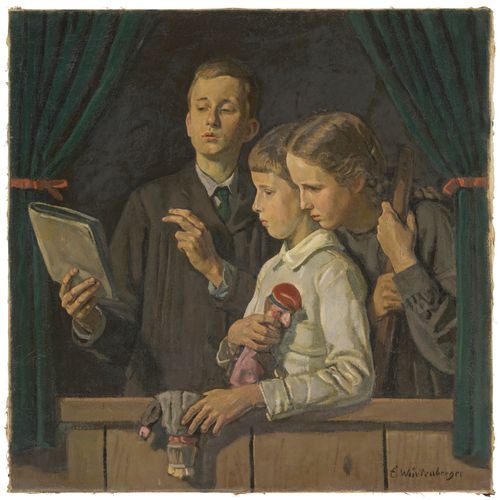 Thomas, Franzsepp and Monika at the Kasperle Theater (Punch and Judy Show), 1920, Ernst Würtenberger