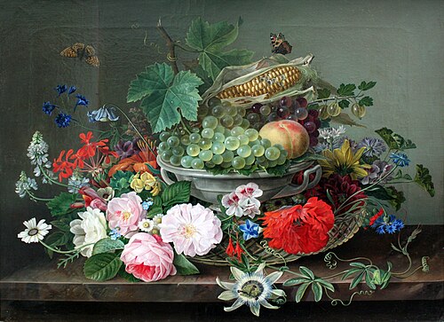 Still life with fruit basket, 1827, Gottfried Wilhelm Voelcker