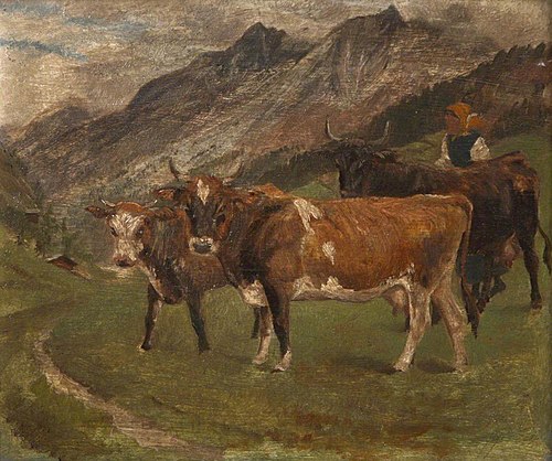 Cattle in the Italian Alps (recto); The Artist's Garden in Surrey (verso), , Randolph Caldecott