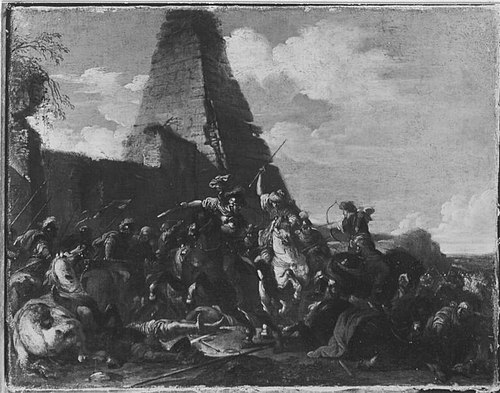 Equestrian battle against Orientals in front of a pyramid, 1648, Jacques Courtois