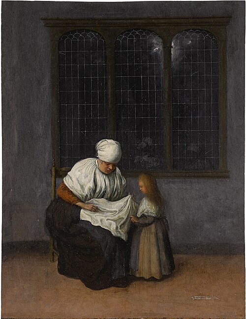 Old woman seated with a young girl before a window, 1700, Jacobus Vrel