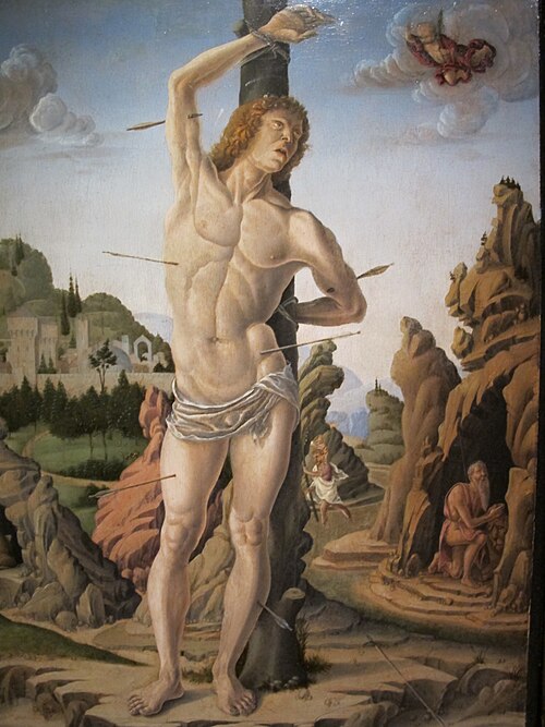 Saint Sebastian in a Rocky Landscape with Saints Jerome, Anthony Abbot and Christopher, 1476, Marco Zoppo