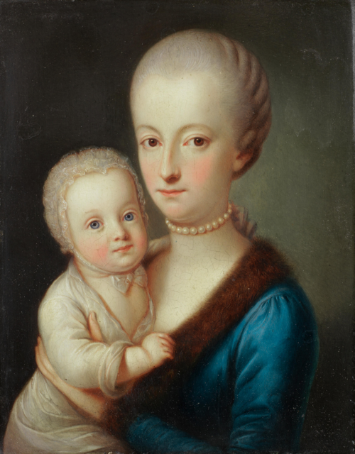 Portrait of a lady in a blue dress and fur mantle, holding her child, 1750, Karl Joseph Aloys Agricola