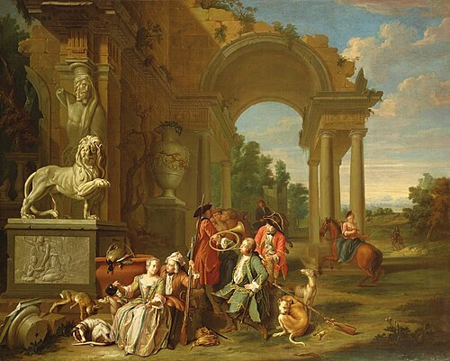 Hunting party in classical ruins, 1750, Peter Jacob Horemans