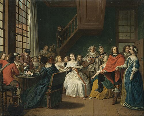 Domestic interior with elegant figures taking tea before others performing a play, 1758, Peter Jacob Horemans
